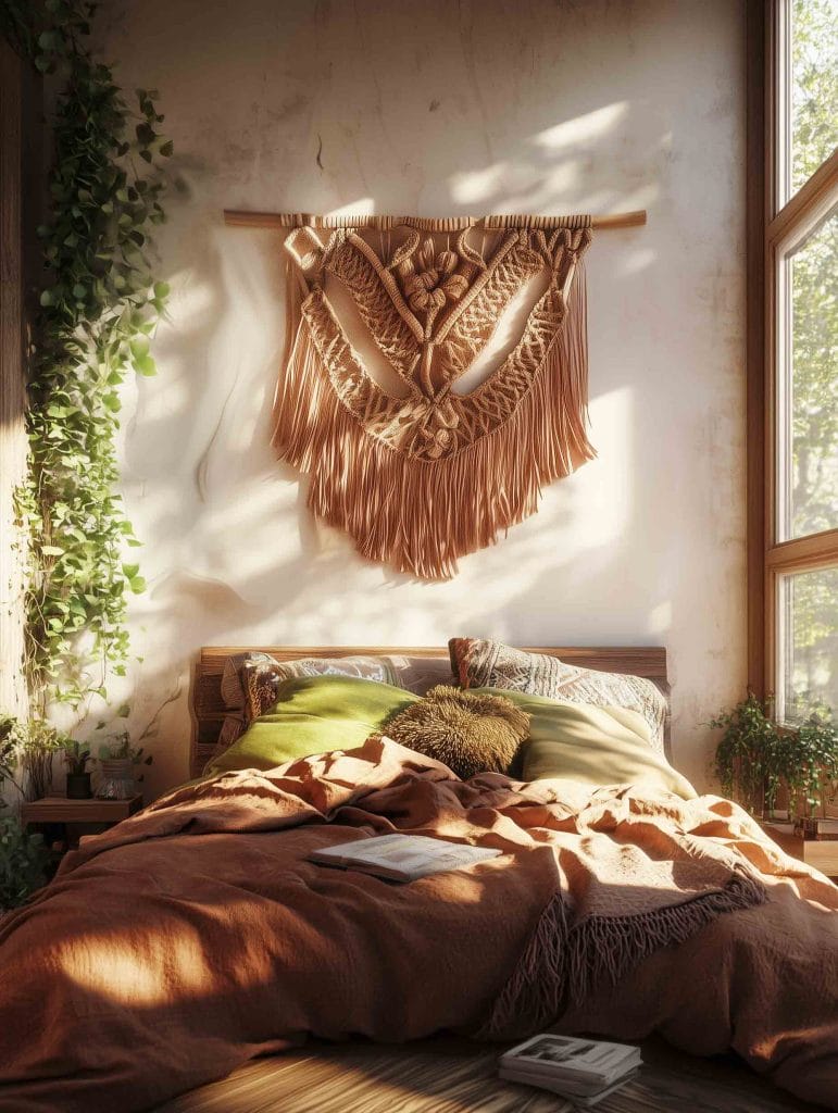 A charming bohemian bedroom filled with natural light. The bed is adorned with a mix of warm brown and green textiles, while a large, detailed macrame wall hanging adds texture above the headboard. The room is surrounded by greenery, both indoors and outside, creating a fresh and tranquil vibe with sunlight softly filtering in through a nearby window.