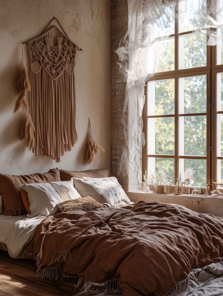 A serene bedroom with earthy tones, featuring a large bed with textured brown bedding and light cream pillows. A macramé wall hanging with intricate knots and tassels decorates the wall, while soft sunlight streams through a large window, creating a peaceful atmosphere.