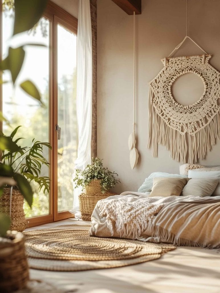 A minimalist bohemian bedroom with light natural tones. The bed is low to the ground, dressed in soft white and beige linens. A round woven rug complements the space, and a large circular macrame wall hanging adds texture and visual interest above the bed. Sunlight floods the room from a nearby window, highlighting the woven baskets and greenery that bring warmth to the airy space.