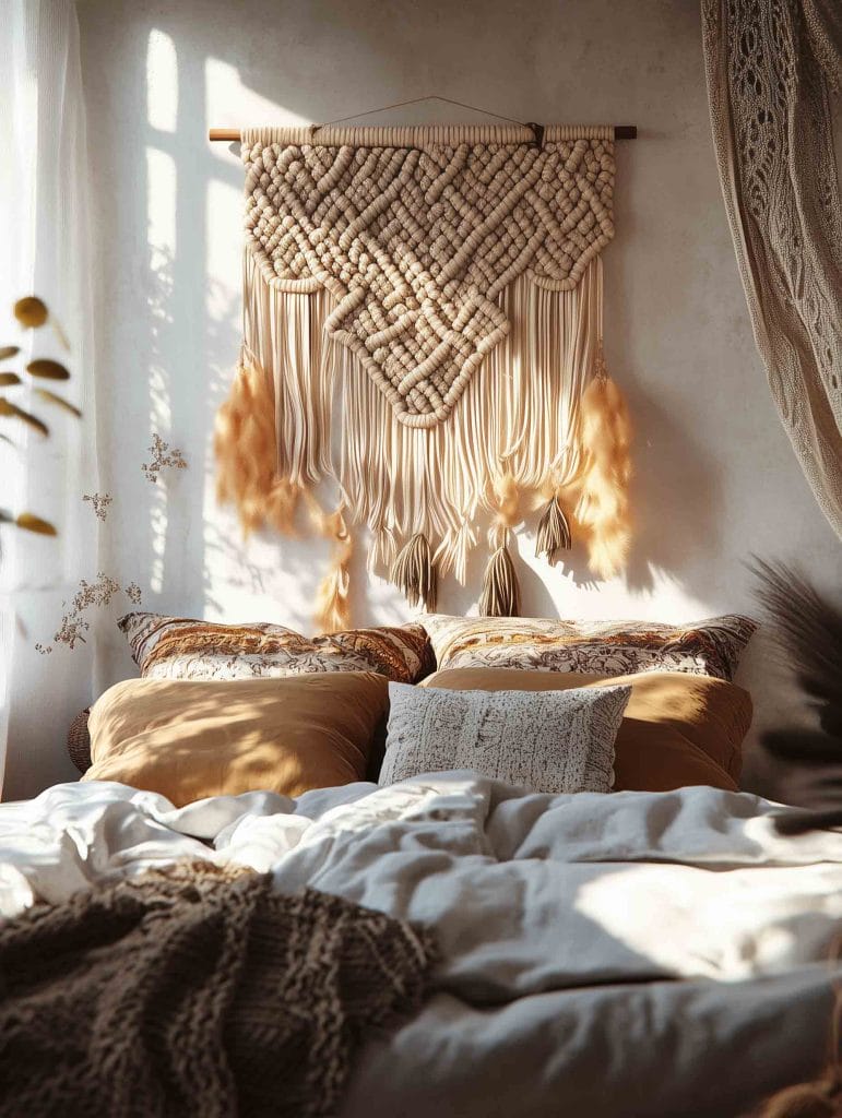 A cozy bedroom with brown and cream bedding, accompanied by a textured macramé wall hanging in a geometric pattern. The bed is placed beneath a window that allows sunlight to filter through sheer curtains, creating a soft and warm atmosphere.