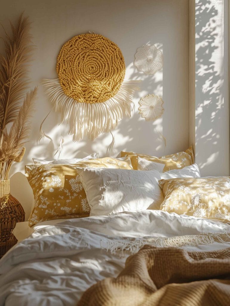 A cozy bedroom with a soft, golden yellow color palette. A large, textured round macrame wall hanging serves as the centerpiece above the bed, accompanied by small floral macrame accents. The bed is covered in white and mustard-yellow floral-patterned bedding, creating a bright and serene atmosphere. Pampas grass in a woven basket adds a natural touch, with sunlight casting soft shadows across the room.