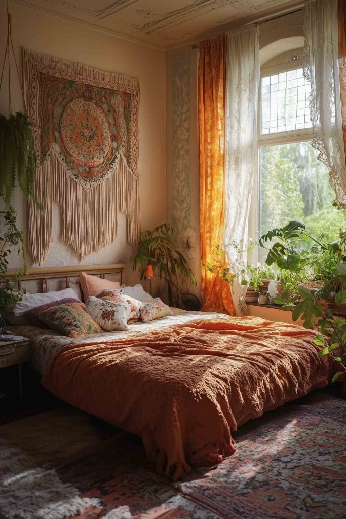 A bohemian-style bedroom filled with lush greenery and warm tones. The bed features orange bedding with floral pillows, and a large macramé with vibrant patterns hangs on the wall. Sunlight floods in through the window, enhancing the room's organic and eclectic feel.