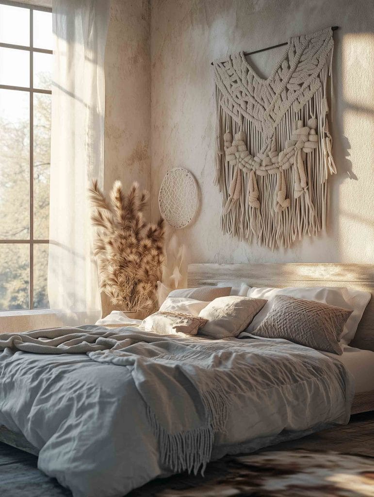 A calming bedroom with neutral tones and a minimalistic feel. The bed is adorned with soft, light-gray linens and textured throw pillows. Above the bed hangs a large, intricate macrame wall piece, adding an artistic touch to the room. A tall bundle of dried pampas grass sits beside the bed near a large window, which allows natural light to fill the room, casting a warm glow.