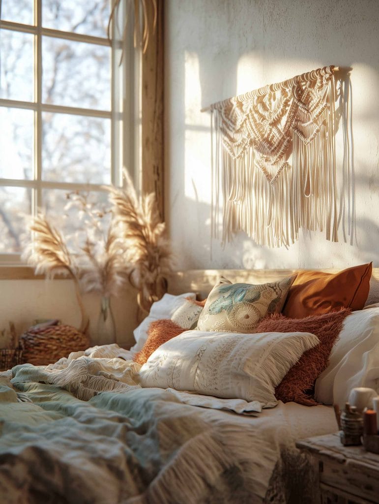 A bright, boho-inspired bedroom with textured decor elements. The bed is draped in cozy, layered bedding in white and soft pastels. A detailed macrame wall hanging adorns the space above the bed, and pampas grass adds texture and warmth. Sunlight filters through large windows, casting soft light and shadows, enhancing the bohemian vibe.