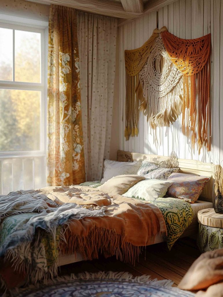 A cozy, sunlit corner of a bedroom with wood paneled walls and a large window dressed in floral curtains. The bed is covered in a variety of colorful, patterned blankets and pillows. A large, intricate macramé hangs on the wall, adding a touch of bohemian flair.