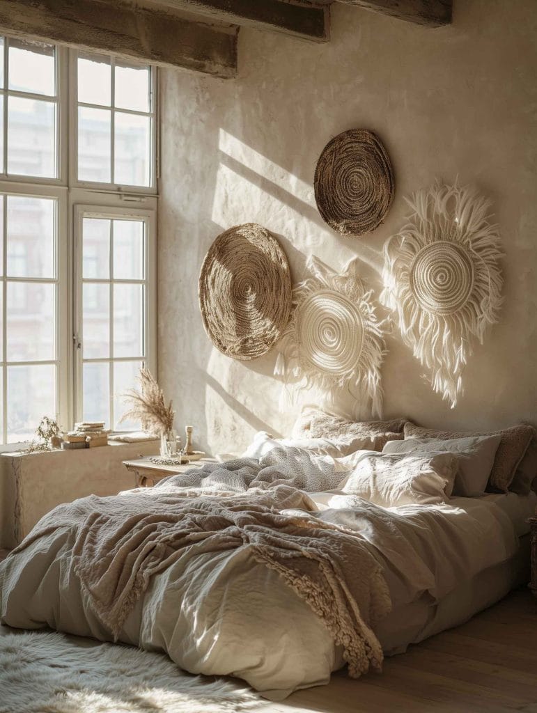 A bohemian-style bedroom bathed in natural light, with woven basket wall art above the bed. The space features cozy, neutral-colored bedding with thick throws and soft textures. Sunlight streams through the large windows, illuminating the natural fibers and giving the room a soft, peaceful ambiance. The minimalistic decor adds to the relaxed and earthy feel of the space.