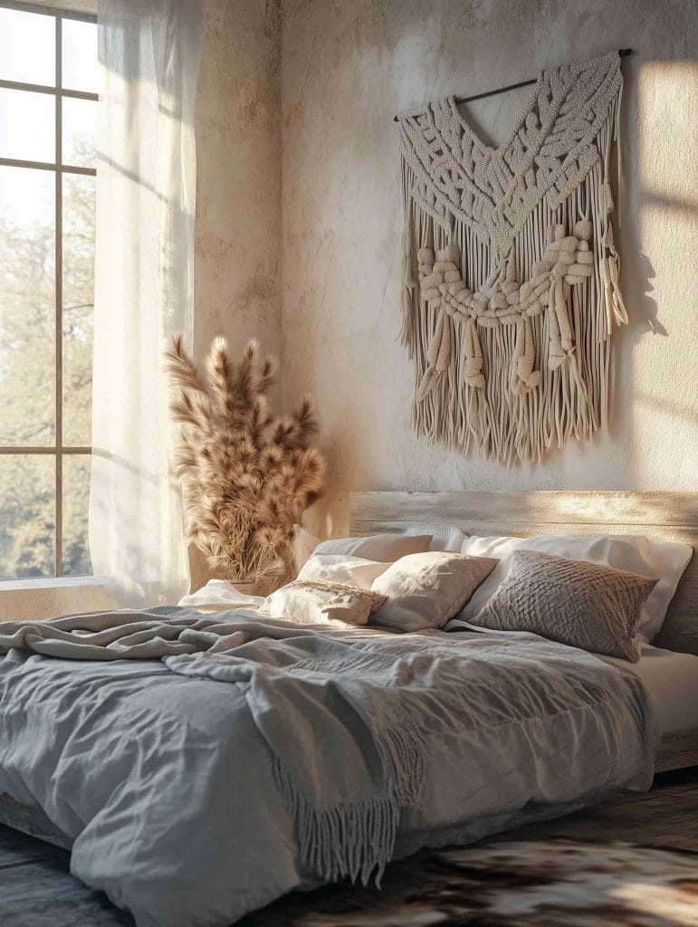 A minimalist bedroom featuring a large bed with light gray linens and an oversized macramé wall hanging above the headboard. The room is filled with soft, natural light from a large window, and a vase of pampas grass adds an organic touch.