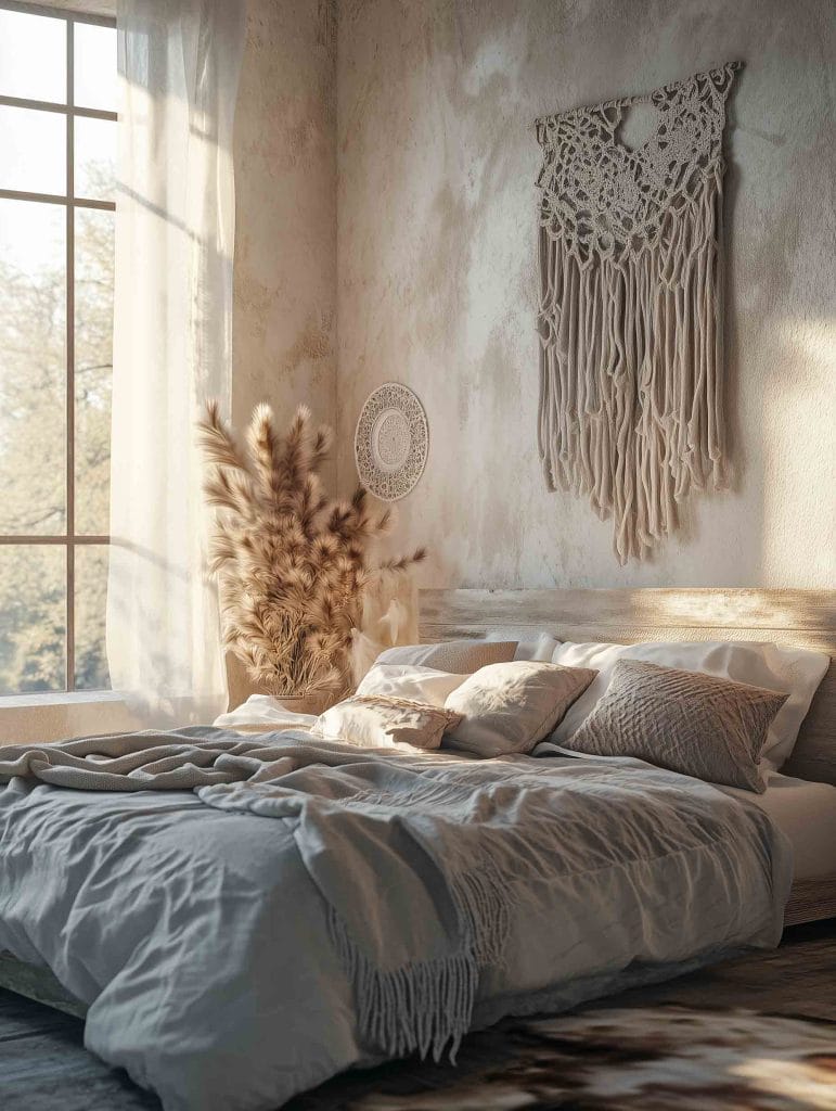 A light-filled bohemian bedroom with a cream-colored macrame wall hanging displayed above the bed. The bed is dressed in soft neutral linens and pillows, with a cozy beige throw blanket. Pampas grass in a vase sits by the bed, while natural light streams through large windows, casting gentle shadows and enhancing the room's earthy, tranquil vibe.