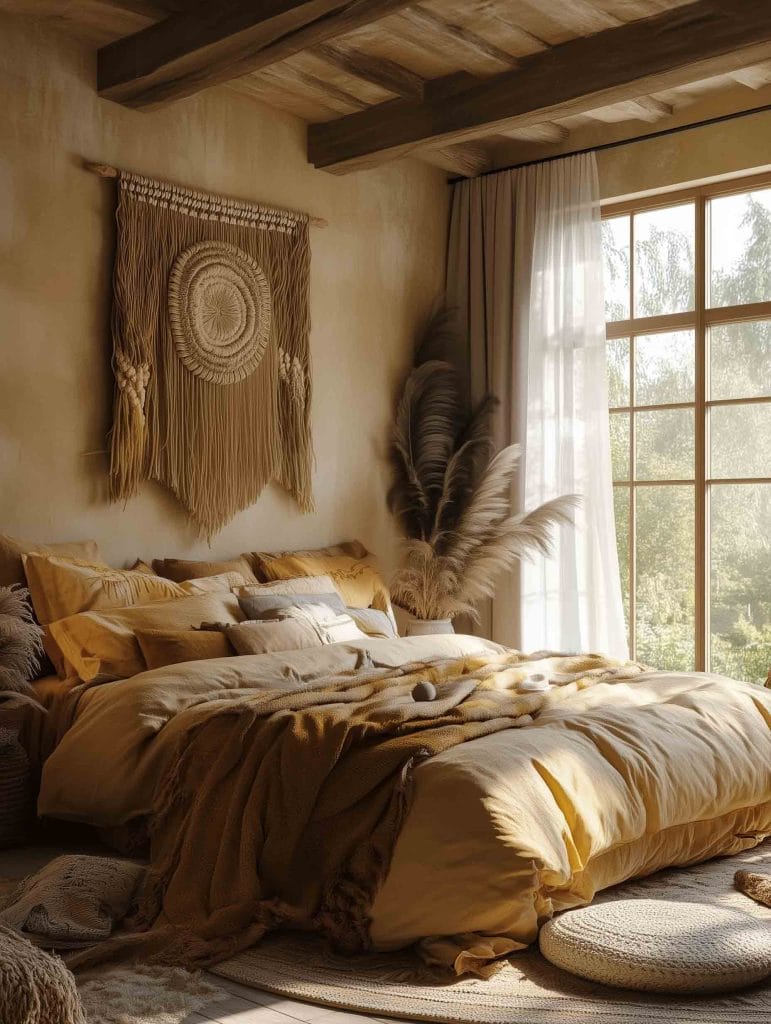 A rustic bedroom with a bohemian vibe, featuring a bed dressed in yellow bedding, complemented by tan throws and multiple textured pillows. A large circular macramé wall hanging decorates the space, and a window draped in sheer curtains lets in ample sunlight.