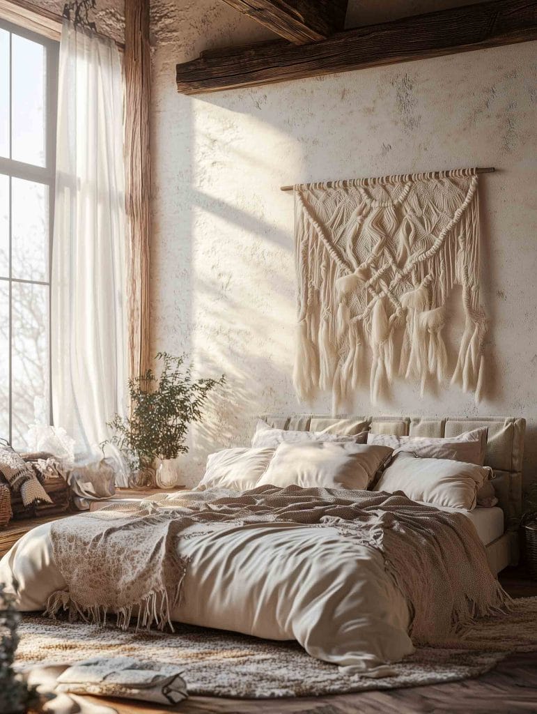 A cozy bohemian bedroom featuring a large, intricate macrame wall hanging above the bed. The bed is layered with cream and beige linens, with a soft throw adding texture. Sunlight filters through the large windows, brightening the space and casting shadows across the room. Greenery and natural materials create a calming and earthy atmosphere.