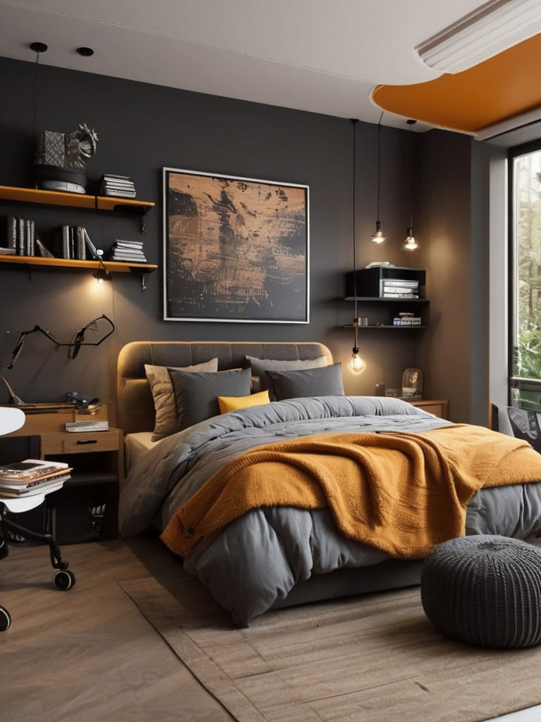 A teen boy’s room with cool gray walls, warm mustard accents, and modern lighting creating a stylish and inviting atmosphere.