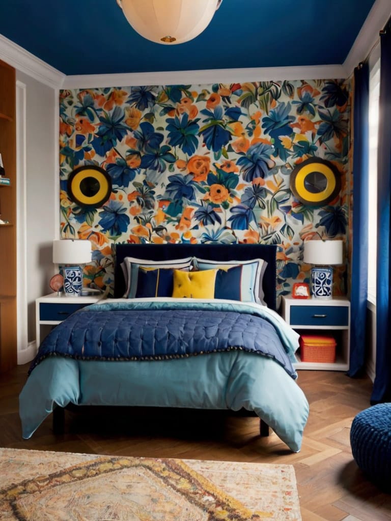 A teen boy’s room with bold floral wallpaper, deep blue and yellow accents, creating an artistic and vibrant environment.