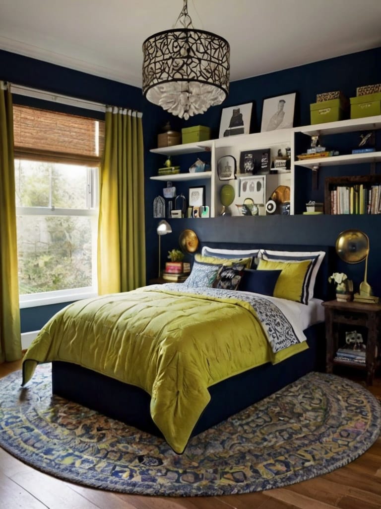 A teen boy’s room with eclectic decor, deep navy walls, olive green bedding, and an ornate chandelier creating a sophisticated and cozy atmosphere.