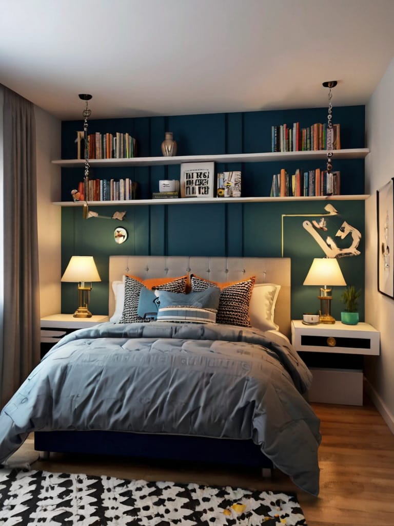 A teen boy’s room with deep teal walls, overhead shelves, and soft lighting creating a cozy and classic appeal.