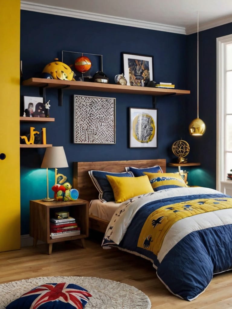 A teen boy’s room with bold navy walls, bright yellow accents, and playful decor creating a vibrant and energetic atmosphere.