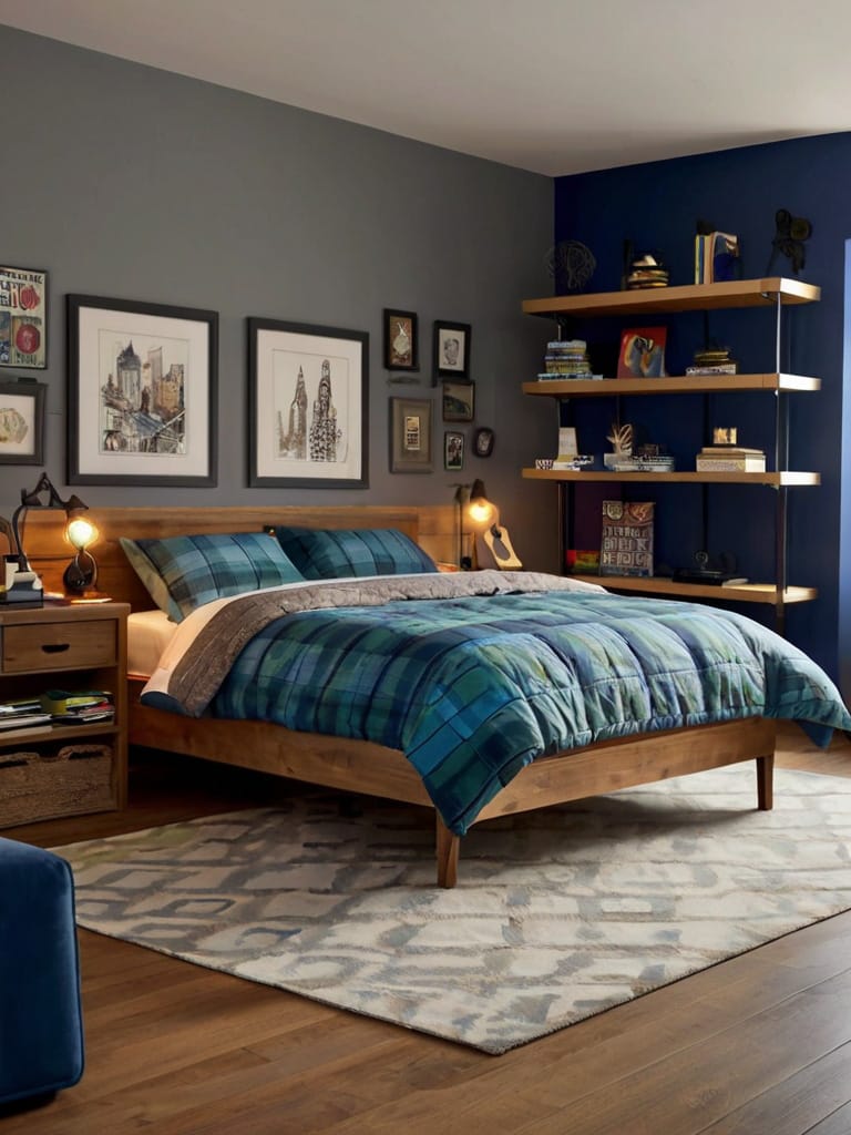 A teen boy’s room with cool gray walls, blue plaid bedding, and wooden furniture creating an urban and relaxed vibe.