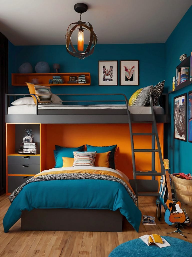 A teen boy’s room with a modern bunk bed, vibrant teal and orange accents, creating a dynamic and functional design.