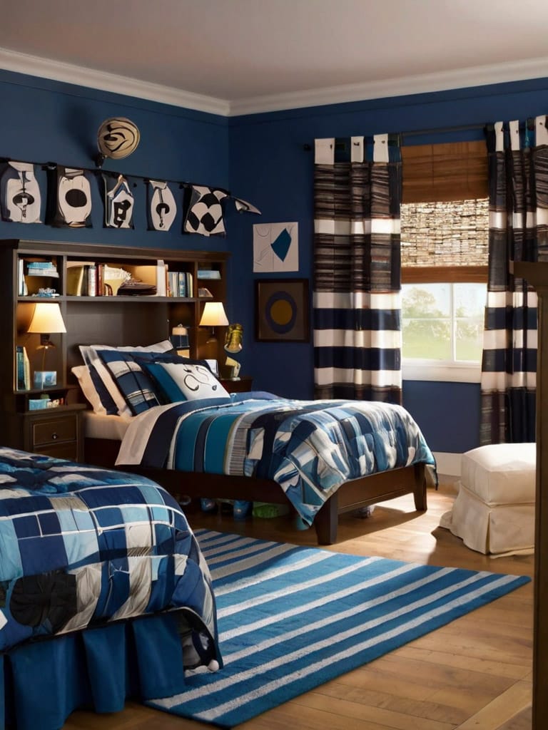 A teen boy’s room with a nautical theme, navy blue and white stripes, and twin beds creating a cohesive and adventurous style.