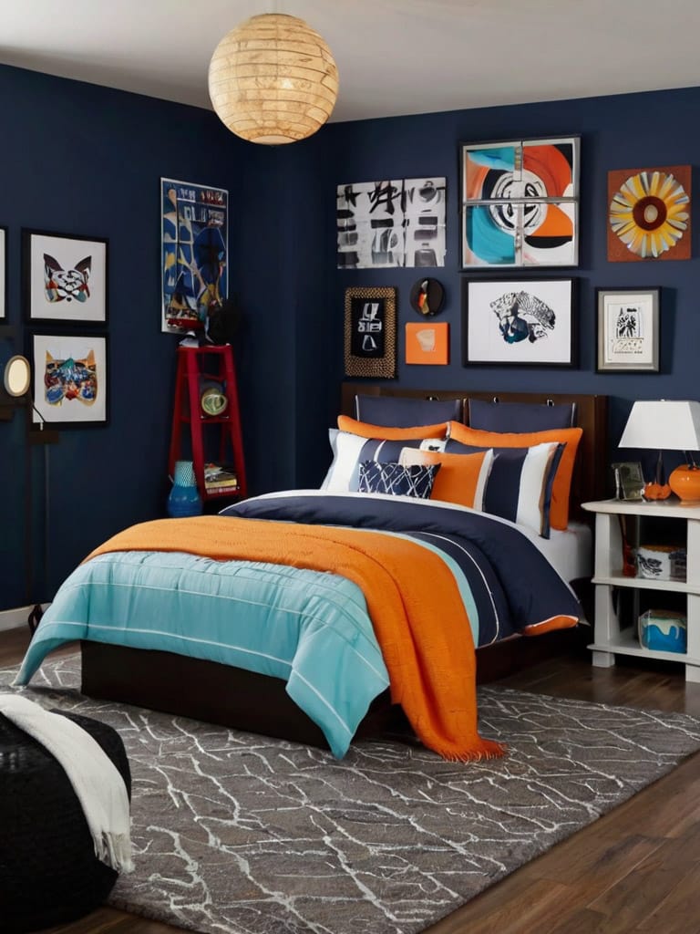 A teen boy’s room with bold navy walls, bright orange and teal bedding, and a wall covered in various framed artwork, creating a vibrant and creative atmosphere.