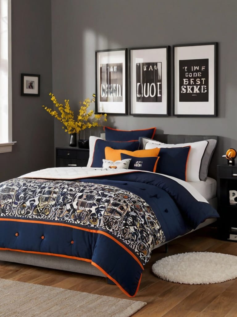 A teen boy’s room with a monochrome color palette of navy and gray, accented by pops of orange and minimalist artwork for a sophisticated look.