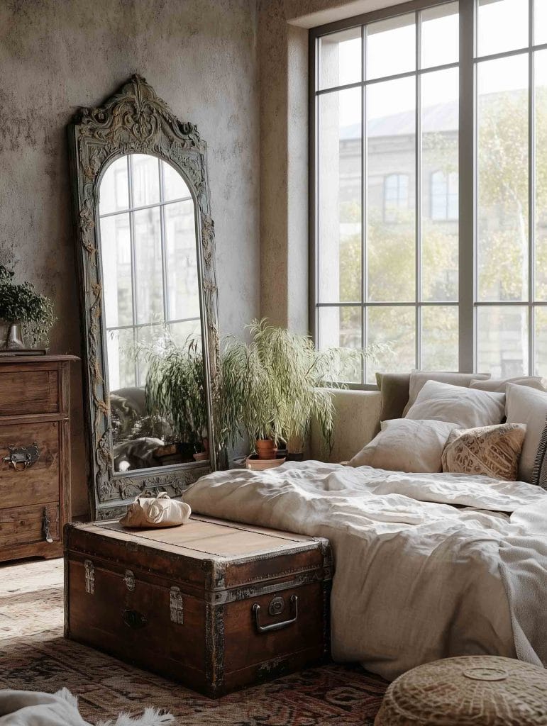 A rustic bedroom featuring a large ornate vintage mirror propped against the wall. The bed, with soft beige bedding, is adjacent to a large window that lets in ample natural light. A weathered trunk at the foot of the bed serves as a storage piece, adding a flea market charm.