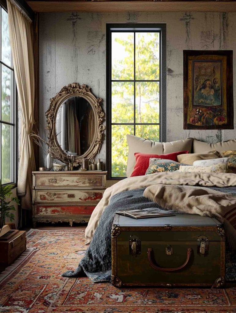 A vintage-inspired bedroom with an antique mirror, an old trunk at the foot of the bed, and rustic wooden furniture. The room is filled with rich textures, floral cushions, and an oriental rug, giving it an eclectic, flea-market charm.