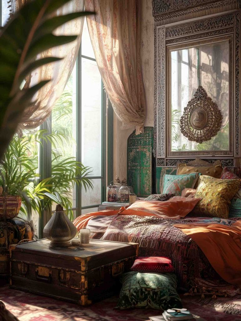 A rich, textured bedroom with a bohemian and vintage aesthetic. The bed is adorned with luxurious, colorful pillows and throws, complemented by intricate, antique-style décor. A weathered trunk doubles as a coffee table, while large windows allow sunlight to softly filter through sheer, decorative curtains.