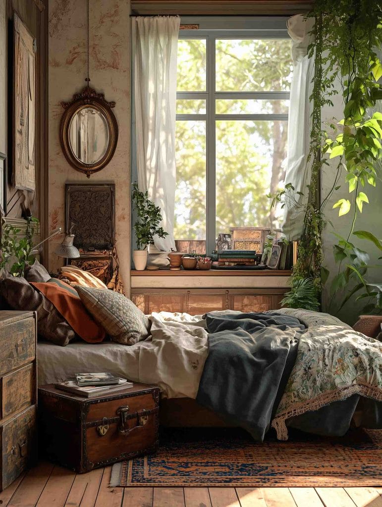 A bedroom with rustic decor, featuring a bed surrounded by vintage furniture and soft, patterned blankets. A wooden trunk and plants accent the room, while sunlight filters through the window, creating a warm and inviting space.