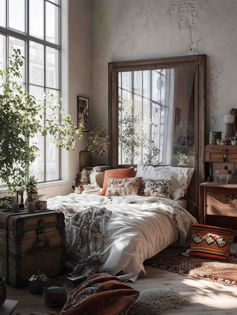 A bright, vintage-inspired bedroom with a large ornate mirror leaning against the wall. The bed is styled with floral and patterned pillows and soft white bedding. A vintage trunk serves as a bedside table, and large indoor plants near the window bring a touch of nature to the room.