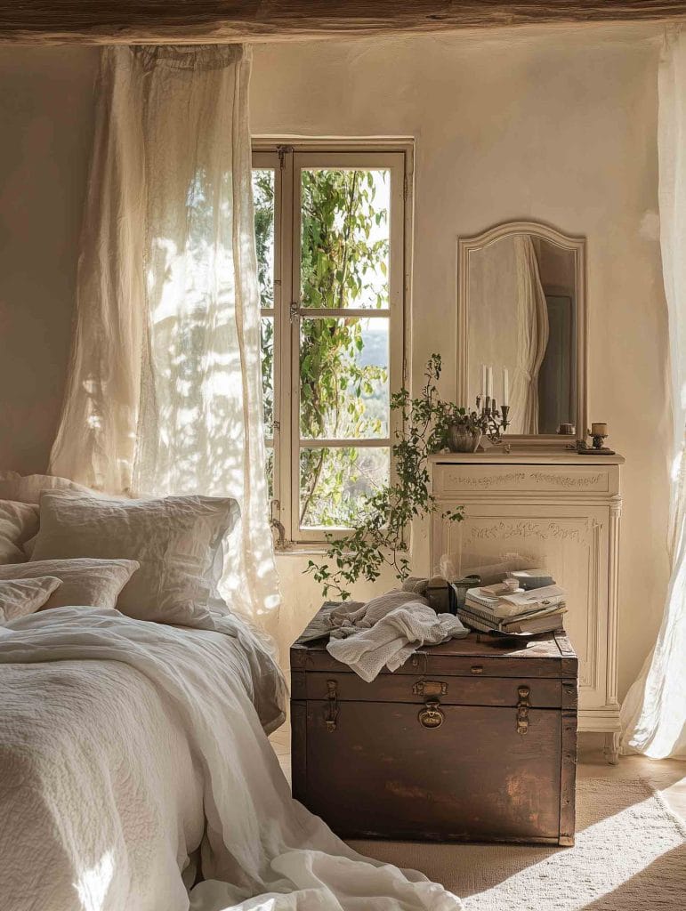 A quaint bedroom with a vintage aesthetic, showcasing an antique trunk, a distressed mirror, and vintage bedside furniture. The room is bathed in natural light, highlighting the old-world charm with a cozy, eclectic feel