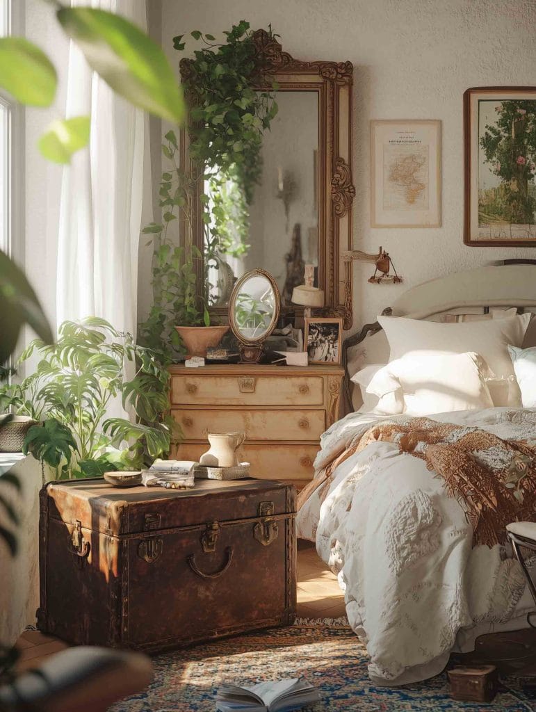 A cozy bedroom featuring a soft white and beige palette. A large vintage trunk at the foot of the bed adds rustic charm, while the bed is layered with a white textured blanket and pillows. The room is accented with a large mirror, a framed vintage map, and plants that add a sense of calm and nature.