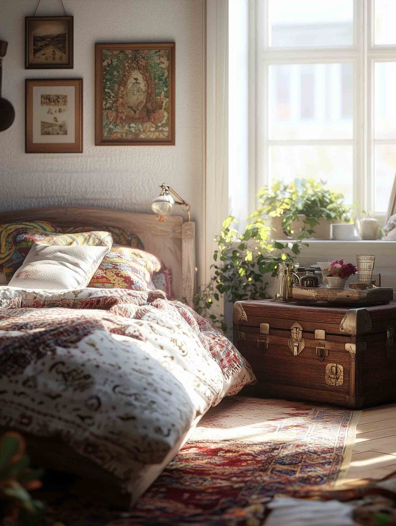 A cozy boho-inspired bedroom with a wooden bed adorned with intricately patterned quilts and cushions. The room is decorated with vintage framed art on a white textured wall, a large wooden chest at the foot of the bed, and soft natural sunlight streaming through a large window. Potted plants are placed by the window, adding to the calm and earthy ambiance.