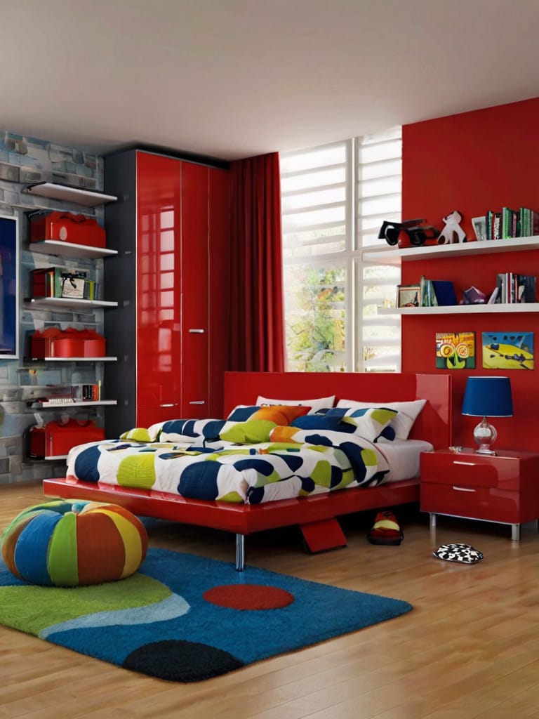 A teen boy’s room with bold red walls and furniture, colorful bedding, and playful decor creating an energetic and fun environment.