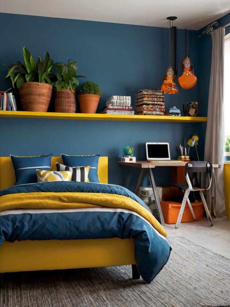 A teen boy’s room with a blue and yellow color scheme, green plants, and nature-inspired decor creating a fresh and lively atmosphere.