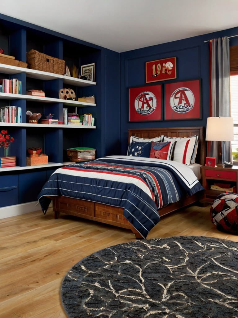 A teen boy’s room with a patriotic red, white, and blue color scheme, built-in shelving, and cozy decor creating a warm and inviting environment.