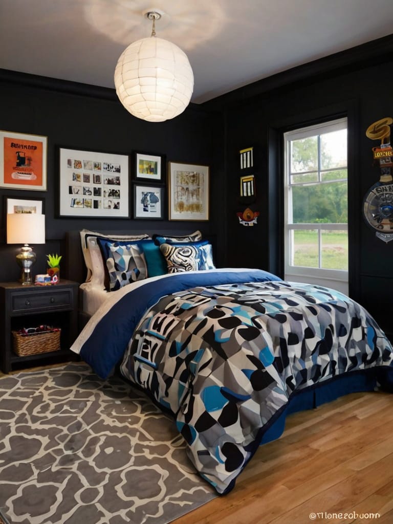 A teen boy’s room with dark walls, bold geometric bedding, and framed artwork creating a modern monochrome design with pops of blue and white.