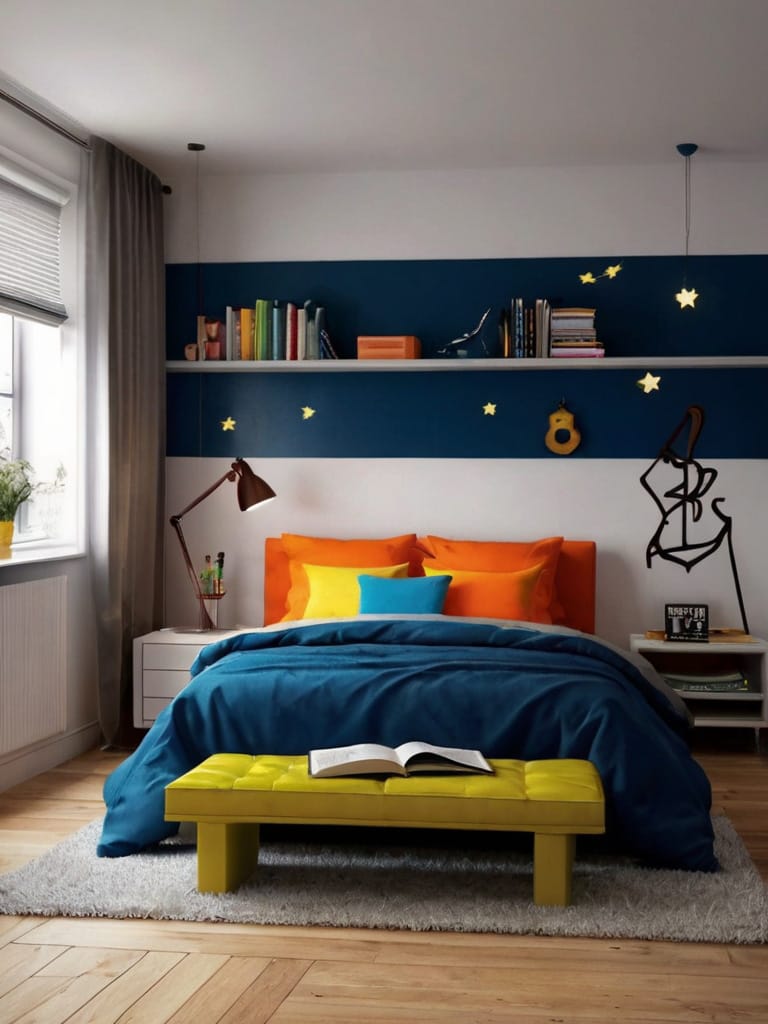 A teen boy’s room with deep blue, orange, and yellow color blocking, star decals, and minimalistic decor creating a playful and vibrant space.