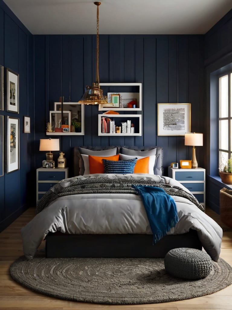 A teen boy’s room with navy walls, orange accents, modern lighting, and a mix of textures creating a sophisticated and cozy atmosphere.