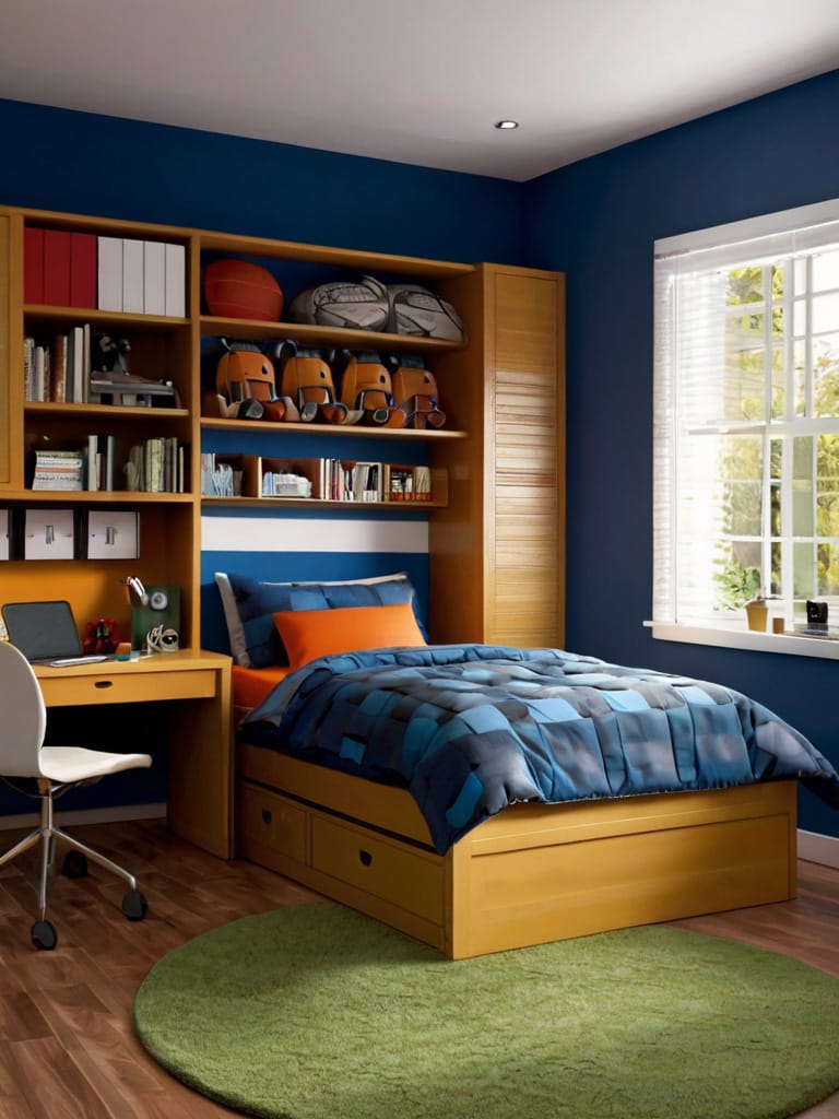 A teen boy’s room with built-in shelving, deep blue walls, and warm wood tones creating an organized and functional space.