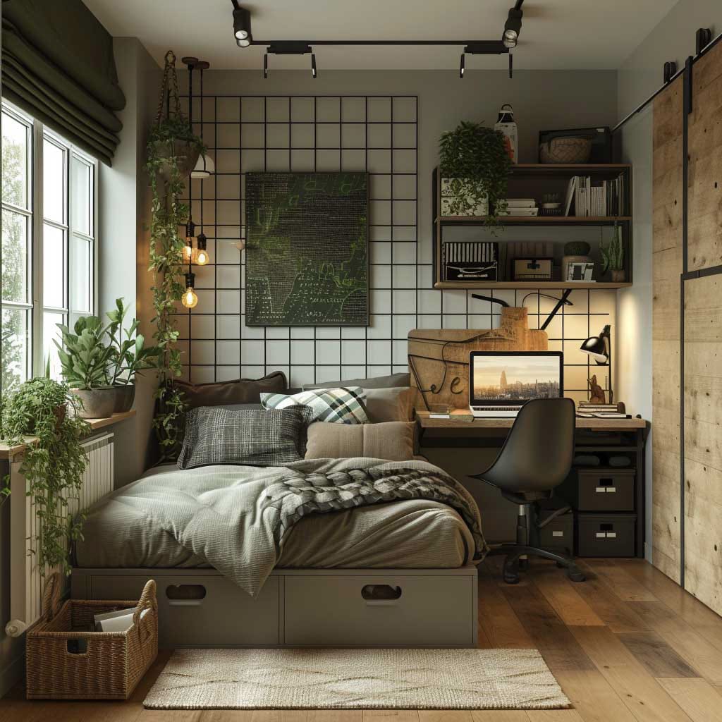 A teen boy’s room with greenery, natural elements, and warm earthy tones creating a calming and nature-inspired urban oasis.