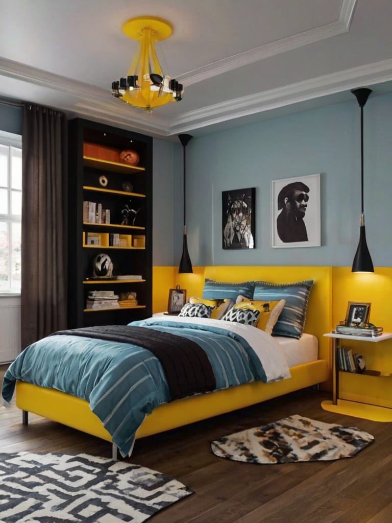 Bedroom with yellow bed frame and blue walls, featuring geometric decor and modern lighting.