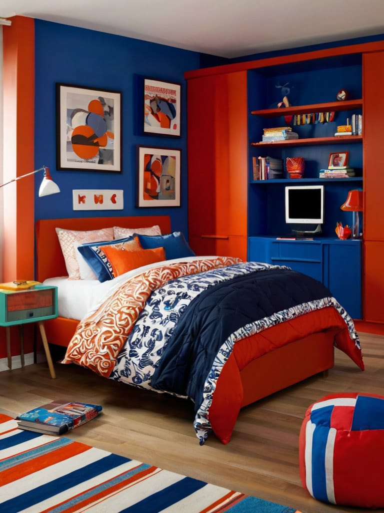 Bedroom with red and blue decor, colorful patterns, and playful wall art.