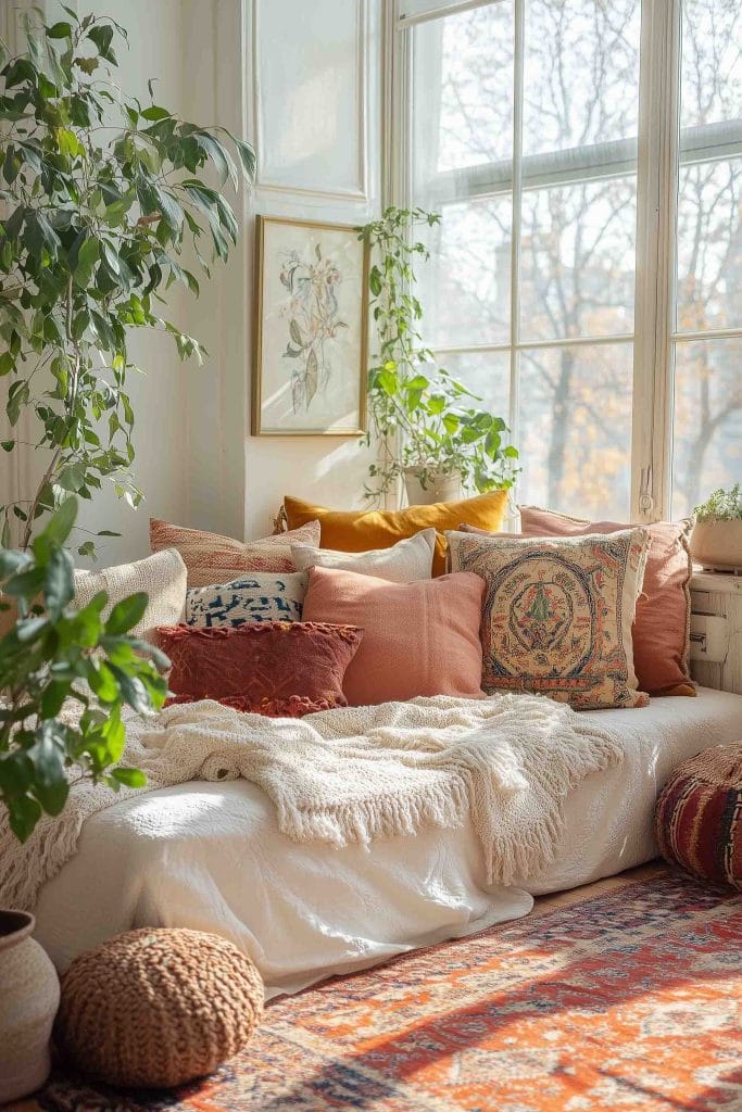 A sun-drenched reading nook or lounging space by a large window, featuring a cozy arrangement of bohemian-style throw pillows in warm shades of orange, red, and cream. Green plants and vines add a fresh, natural element, and the space is bathed in soft natural light.