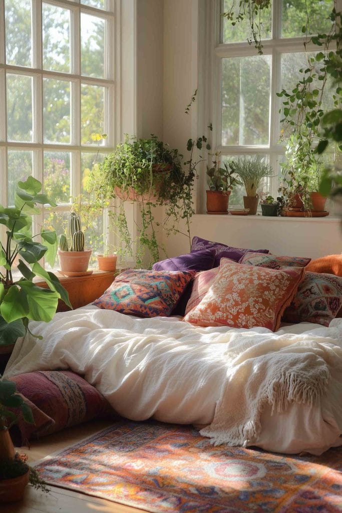 A bright, airy bedroom filled with greenery and natural light from a large window. The bed is covered with white sheets and draped with colorful bohemian-style throw pillows in vibrant patterns of orange, purple, and green. Potted plants line the windowsill, and a woven rug with intricate designs lies on the floor, creating a peaceful and inviting atmosphere.