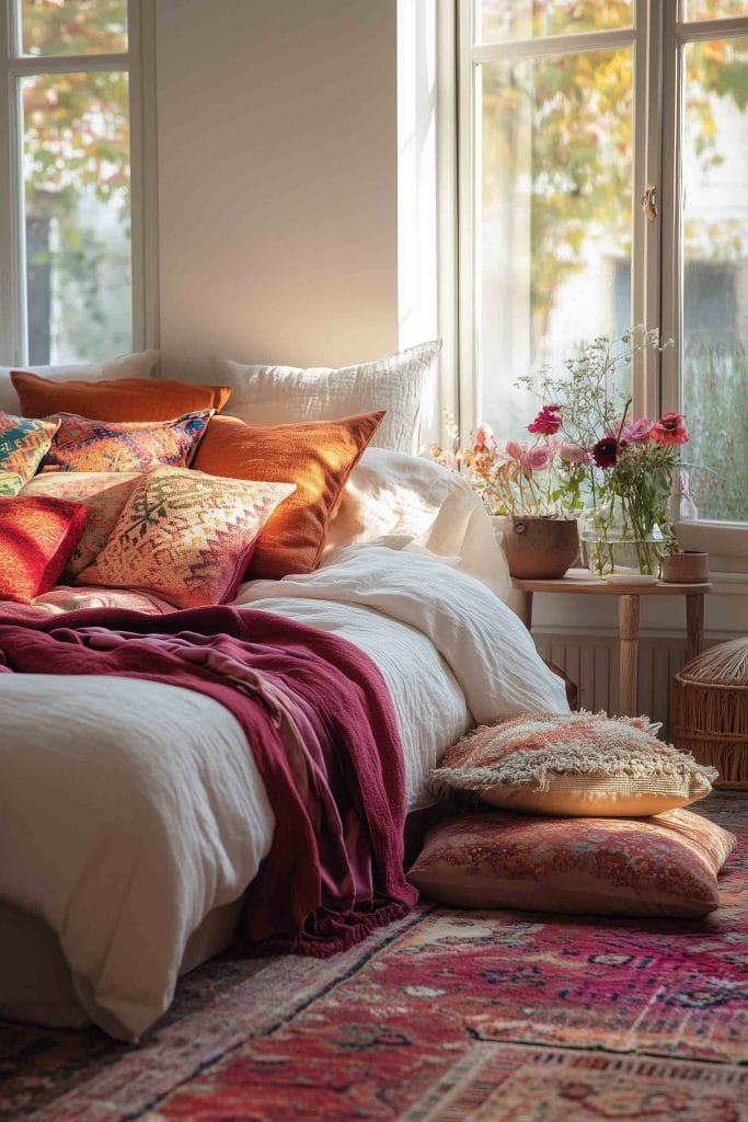 A vibrant bedroom corner with a large bed adorned with colorful bohemian pillows in orange, red, and patterned designs. The soft white bedding contrasts with the rich tones of the pillows, and a nearby window lets in warm, natural light. Fresh flowers in a vase add a delicate touch.