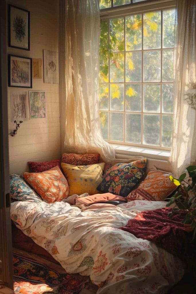 A small, cozy bedroom nook illuminated by soft natural light filtering through a large window, partially covered by sheer curtains. The bed is piled with a variety of colorful and intricately patterned throw pillows in shades of orange, yellow, and red, blending harmoniously with the surrounding greenery. Framed art hangs on the wall, enhancing the intimate and warm vibe of the space.