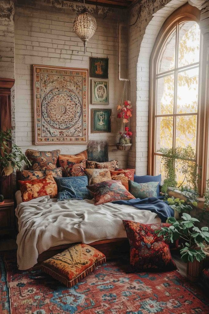 A cozy, eclectic living space with a large, low couch or daybed, piled high with colorful, patterned pillows in shades of red, blue, and orange. The room is filled with natural light from a large arched window, and greenery adds a natural, organic feel to the space.