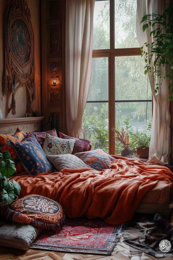 A warm and cozy bohemian bedroom, featuring a bed with an array of throw pillows in bold, eclectic patterns. The bed is draped with a soft orange blanket, and the room is decorated with plants and artistic wall hangings. Soft light enters through large windows, contributing to the tranquil, earthy ambiance of the room.