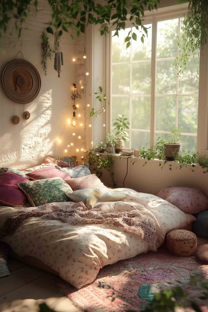 A cozy bohemian bedroom featuring a soft, fluffy bed with floral and patterned pillows in shades of pink, purple, and green. A string of fairy lights hangs on the wall beside the window, and potted plants add a fresh, natural touch to the room, illuminated by warm sunlight.