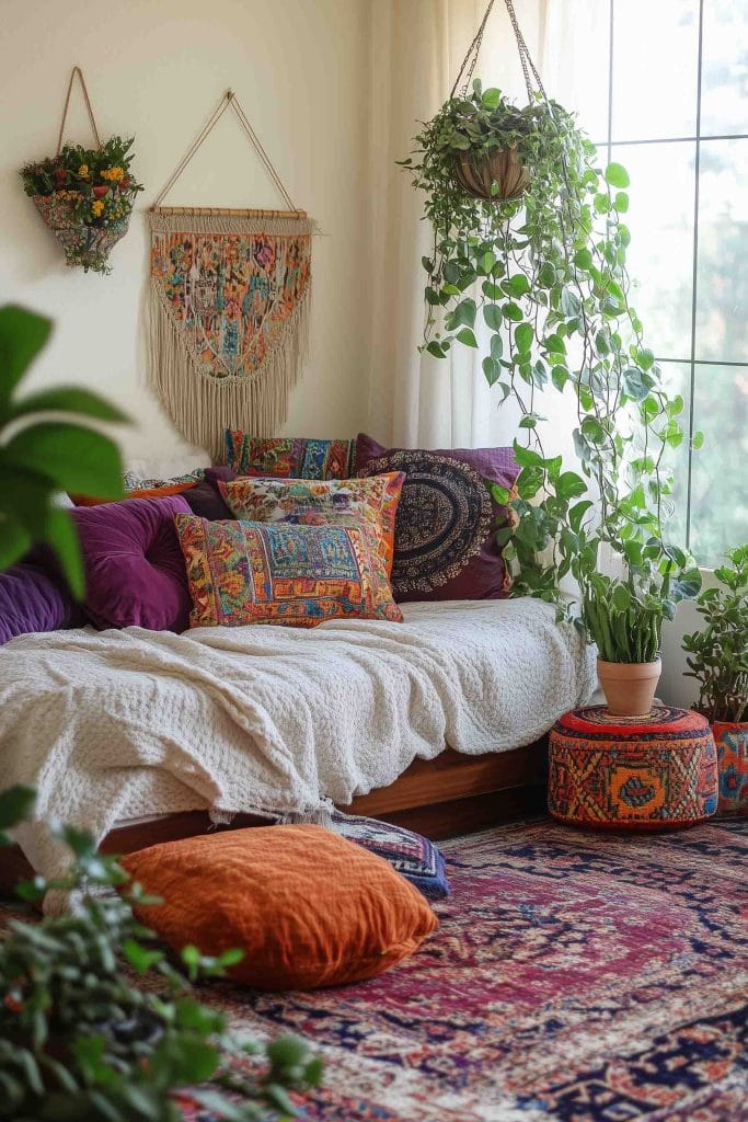 A serene and inviting boho-styled bedroom with a large array of colorful patterned throw pillows placed on a white-covered bed. Potted plants fill the room, hanging from the ceiling and lining the window, with sunlight pouring through a large window. The walls are adorned with woven art, and a vibrant, patterned rug anchors the room in a cozy and eclectic aesthetic.